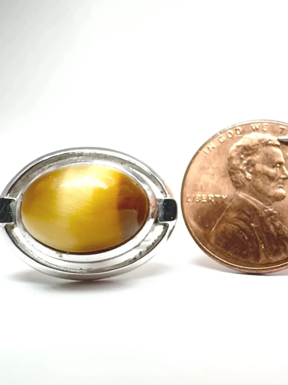 Vintage Sun Eagle Tiger Eye Cufflinks Oval Cabochon Silver Tone Formal Accessory